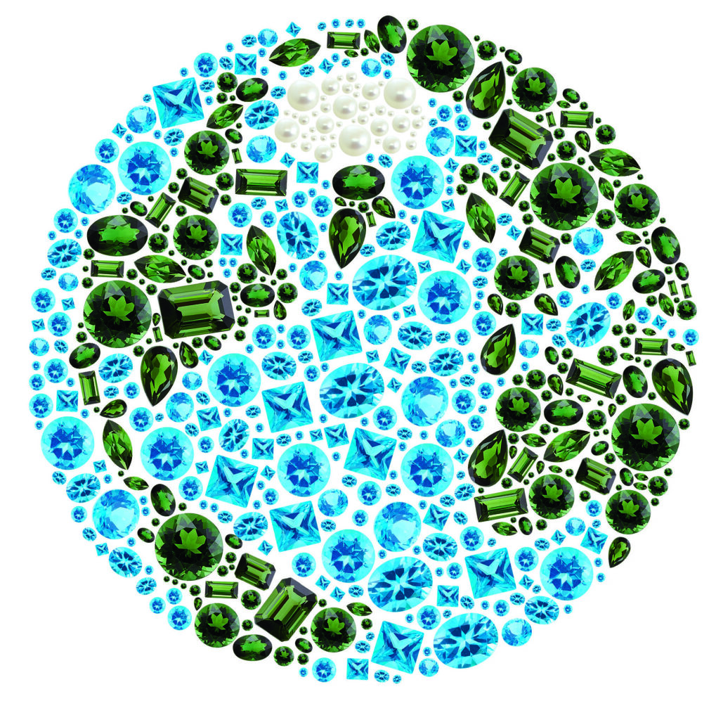 graphic of the earth made up of colored gemstones